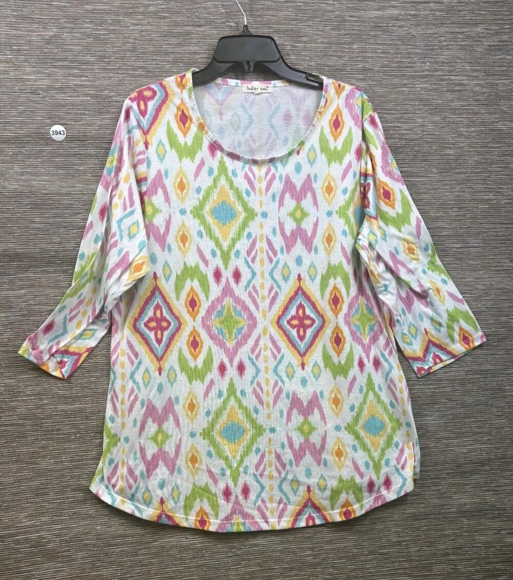 Indigo Soul Tunic Top Womens 2XL 3/4 Sleeve Ikat Geometric Tribal Print Multi
